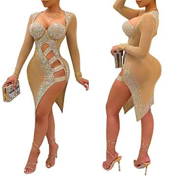 PORRCEY Women's Sexy Hot Drilling Craft Dress Long Sleeve Bodycon Party Club Night Out Dress(2123,Beige,3XL)