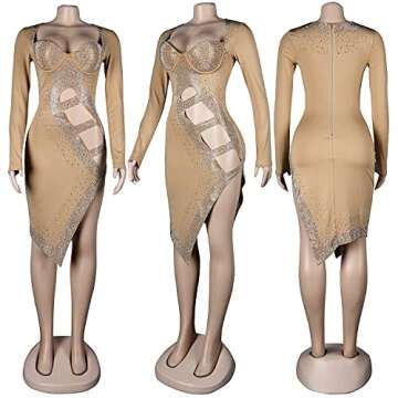 PORRCEY Women's Sexy Hot Drilling Craft Dress Long Sleeve Bodycon Party Club Night Out Dress(2123,Beige,3XL)