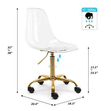 HOMEFUN Clear Desk Chair, Acrylic Rolling Armless Vanity Swivel Height Adjustable Ghost Molded Plastic Home Office Chairs with Golden Feet