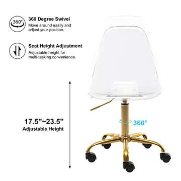 HOMEFUN Clear Desk Chair, Acrylic Rolling Armless Vanity Swivel Height Adjustable Ghost Molded Plastic Home Office Chairs with Golden Feet