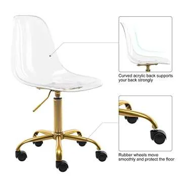 HOMEFUN Clear Desk Chair, Acrylic Rolling Armless Vanity Swivel Height Adjustable Ghost Molded Plastic Home Office Chairs with Golden Feet