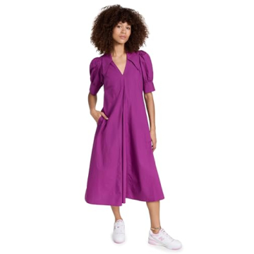 Ganni Women's Cotton Poplin V Neck Dress, Purple Wine, 2