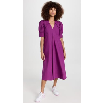 Ganni Women's Cotton Poplin V Neck Dress, Purple Wine, 2