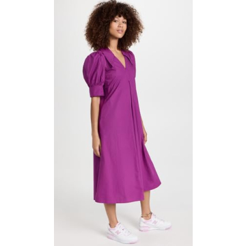 Ganni Women's Cotton Poplin V Neck Dress, Purple Wine, 2