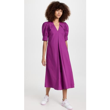 Ganni Women's Cotton Poplin V Neck Dress, Purple Wine, 2