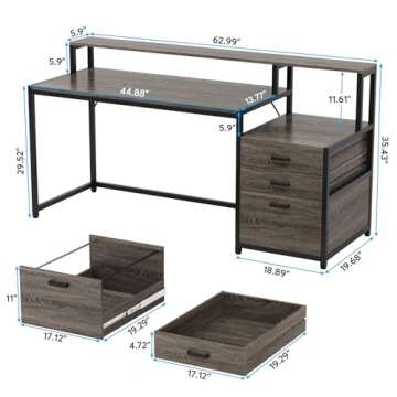Tribesigns 63 Inch Computer Desk with File Drawer Cabinet, Ergonomic Office Desk with Monitor Stand,...