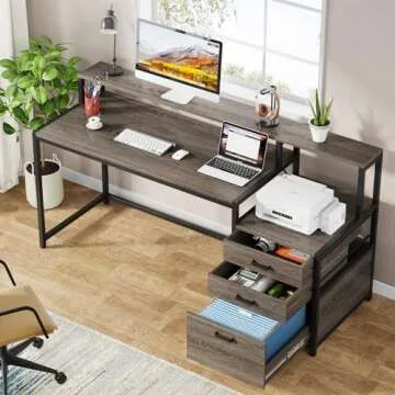 Tribesigns 63 Inch Computer Desk with File Drawer Cabinet, Ergonomic Office Desk with Monitor Stand, Industrial Computer Table with Printer Space, Wood PC Table Workstation Desk for Home Office