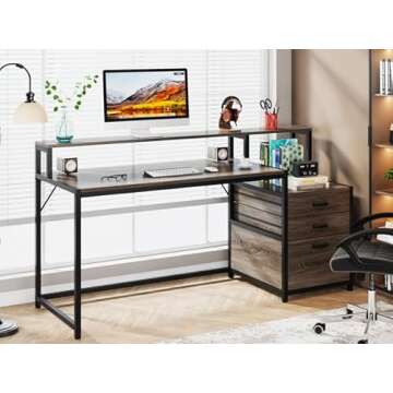 Tribesigns 63 Inch Computer Desk with File Drawer Cabinet, Ergonomic Office Desk with Monitor Stand, Industrial Computer Table with Printer Space, Wood PC Table Workstation Desk for Home Office