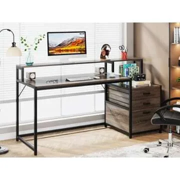 Tribesigns 63 Inch Computer Desk with File Drawer Cabinet, Ergonomic Office Desk with Monitor Stand, Industrial Computer Table with Printer Space, Wood PC Table Workstation Desk for Home Office