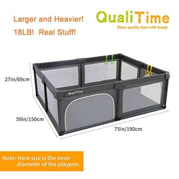 Baby Playpen, Playpens for Babies, Extra Large Playyard for Toddler, Reliable Kids Activity Center, Sturdy Safety Playpen with Anti-Slip Suckers and Super Soft Breathable Mesh (Dark Gray, Large)