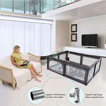 Baby Playpen, Playpens for Babies, Extra Large Playyard for Toddler, Reliable Kids Activity Center, Sturdy Safety Playpen with Anti-Slip Suckers and Super Soft Breathable Mesh (Dark Gray, Large)