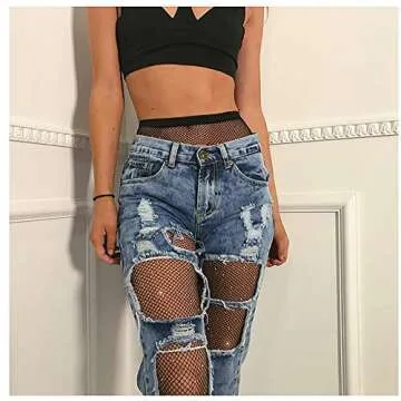 Jusback Rhinestone Fishnet Stockings Sparkle High Waist Tights Pantyhose Black 1 Pair