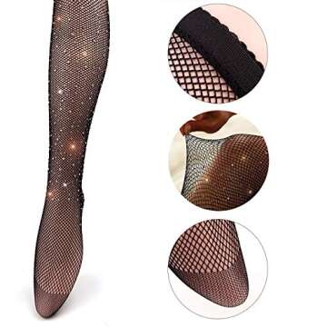 Jusback Rhinestone Fishnet Stockings Sparkle High Waist Tights Pantyhose Black 1 Pair