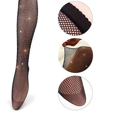 Jusback Rhinestone Fishnet Stockings Sparkle High Waist Tights Pantyhose Black 1 Pair