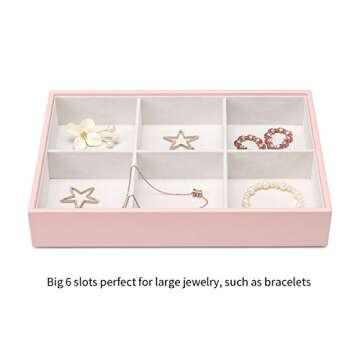 Vlando Miller Stackable 6 Slot Jewelry Organizer, Classic Jewelry Holder Storage Display Case for Drawer or Dresser for Earring Ring Necklace or Cufflinks (Pink, 6 Slot)