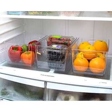 Isaac Jacobs 3-Pack Large Clear Storage Bins with Handles, Plastic Organizer for Home, Room, Office, Fridge, Kitchen/Pantry Non-Slip Container Set, Food Safe, BPA Free (3-Pack, Large)