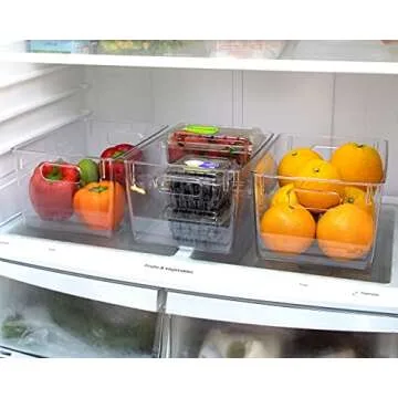 Isaac Jacobs 3-Pack Large Clear Storage Bins with Handles, Plastic Organizer for Home, Room, Office, Fridge, Kitchen/Pantry Non-Slip Container Set, Food Safe, BPA Free (3-Pack, Large)