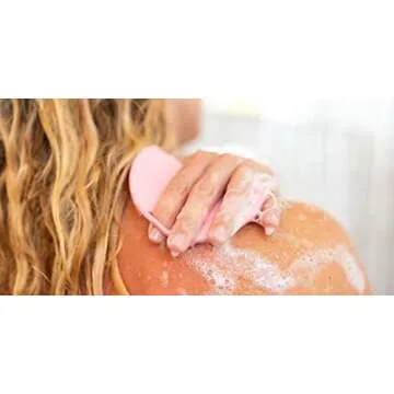 Boie USA Flat Body Scrubber - Soft Silicone-Like Exfoliating Shower Scrubber & Body Cleansing Brush - Stick-to-Wall Loofah Replacement - Antimicrobial Body Exfoliator for All Skin Types - Pink