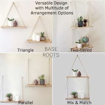 Hanging Shelves for Wall [Set of 2 w/ Hooks] Floating Shelves, Macrame Rope Triangle Shelf, Natural Light Reclaimed Wood, Farmhouse Rustic Modern Plant Aesthetic, Boho Dorm Living Room Bedroom Decor