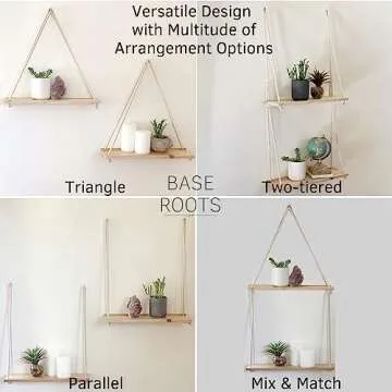 Hanging Shelves for Wall [Set of 2 w/ Hooks] Floating Shelves, Macrame Rope Triangle Shelf, Natural Light Reclaimed Wood, Farmhouse Rustic Modern Plant Aesthetic, Boho Dorm Living Room Bedroom Decor