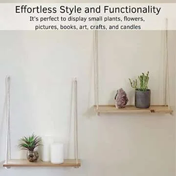 Hanging Shelves for Wall [Set of 2 w/ Hooks] Floating Shelves, Macrame Rope Triangle Shelf, Natural Light Reclaimed Wood, Farmhouse Rustic Modern Plant Aesthetic, Boho Dorm Living Room Bedroom Decor