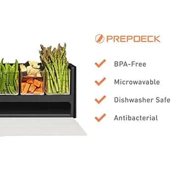Prepdeck Recipe Preparation Kit and Storage, 8 Premium Prepping Tools, Cutting Board with 15 Tritan Plastic Food Containers with Lids, Removable Trash Bin, Microwave and Top-Rack Dishwasher Safe