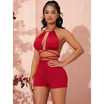 SOLY HUX Women's Sexy 2 Piece Outfits Criss Cross Halter Tie Back Crop Top and Biker Shorts Set Solid Red M