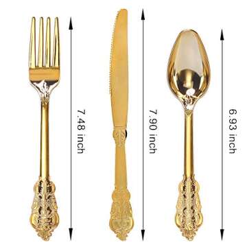 WDF 300 Pieces Gold Plastic Silverware Disposable - Heavy Duty Plastic Cutlery - Gold Silverware Sets Includes 100 Forks, 100 Spoons, 100 Knives