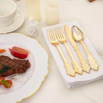 WDF 300 Pieces Gold Plastic Silverware Disposable - Heavy Duty Plastic Cutlery - Gold Silverware Sets Includes 100 Forks, 100 Spoons, 100 Knives