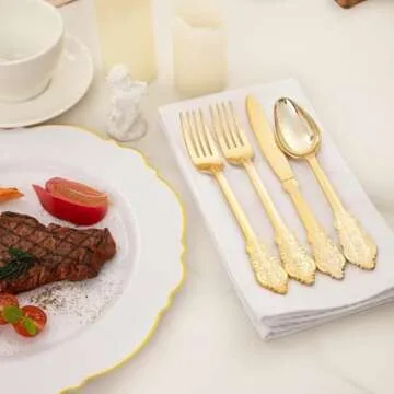 WDF 300 Pieces Gold Plastic Silverware Disposable - Heavy Duty Plastic Cutlery - Gold Silverware Sets Includes 100 Forks, 100 Spoons, 100 Knives