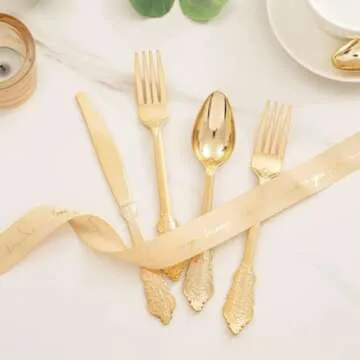 WDF 300 Pieces Gold Plastic Silverware Disposable - Heavy Duty Plastic Cutlery - Gold Silverware Sets Includes 100 Forks, 100 Spoons, 100 Knives
