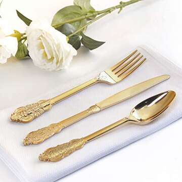 WDF 300 Pieces Gold Plastic Silverware Disposable - Heavy Duty Plastic Cutlery - Gold Silverware Sets Includes 100 Forks, 100 Spoons, 100 Knives
