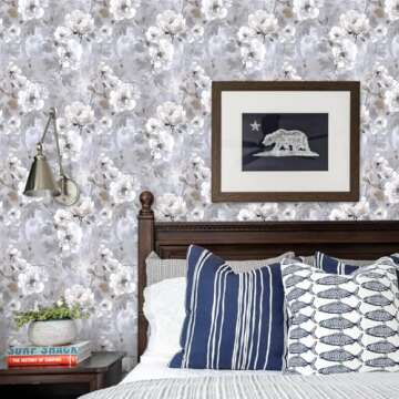Nukofal Floral Peel and Stick Wallpaper Vintage Floral Contact Paper 16.9"x118.1" Gray Flower Wall P...