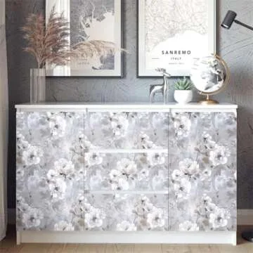 Nukofal Floral Peel and Stick Wallpaper Vintage Floral Contact Paper 16.9"x118.1" Gray Flower Wall Paper White Floral Contact Paper Self Adhesive Removable Wallpaper for Bedroom Decorative Vinyl