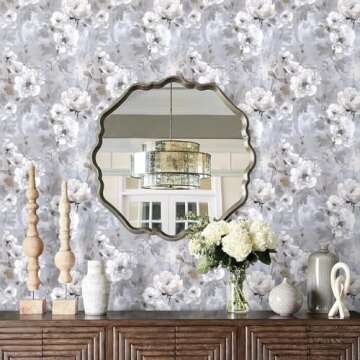 Nukofal Floral Peel and Stick Wallpaper Vintage Floral Contact Paper 16.9"x118.1" Gray Flower Wall Paper White Floral Contact Paper Self Adhesive Removable Wallpaper for Bedroom Decorative Vinyl