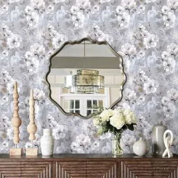 Nukofal Floral Peel and Stick Wallpaper Vintage Floral Contact Paper 16.9"x118.1" Gray Flower Wall Paper White Floral Contact Paper Self Adhesive Removable Wallpaper for Bedroom Decorative Vinyl