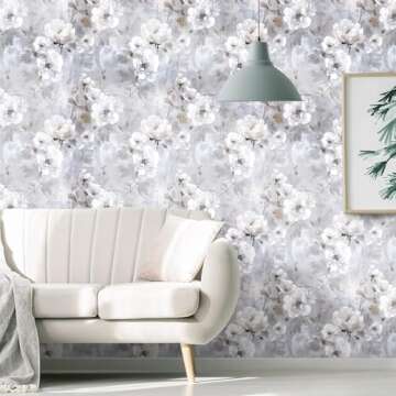 Nukofal Floral Peel and Stick Wallpaper Vintage Floral Contact Paper 16.9"x118.1" Gray Flower Wall Paper White Floral Contact Paper Self Adhesive Removable Wallpaper for Bedroom Decorative Vinyl