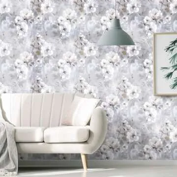 Nukofal Floral Peel and Stick Wallpaper Vintage Floral Contact Paper 16.9"x118.1" Gray Flower Wall Paper White Floral Contact Paper Self Adhesive Removable Wallpaper for Bedroom Decorative Vinyl