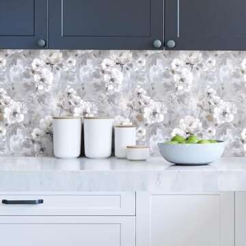 Nukofal Floral Peel and Stick Wallpaper Vintage Floral Contact Paper 16.9"x118.1" Gray Flower Wall Paper White Floral Contact Paper Self Adhesive Removable Wallpaper for Bedroom Decorative Vinyl