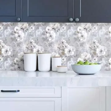 Nukofal Floral Peel and Stick Wallpaper Vintage Floral Contact Paper 16.9"x118.1" Gray Flower Wall Paper White Floral Contact Paper Self Adhesive Removable Wallpaper for Bedroom Decorative Vinyl