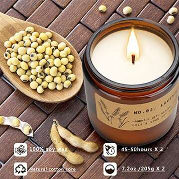 Scented Candles Soy Wax Gift Set, Aromatherapy Candles for Women, Home Decoration with Amber Glass Jars for Anniversary, Wedding, Housewarming Present, Lavender and Amber Sandalwood Scents, 2 Pack