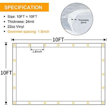 10 x 10FT Outdoor Clear Tarp Curtain Waterproof Wind-Proof 24 Mil Transparent Vinyl Tarp for Patio P...