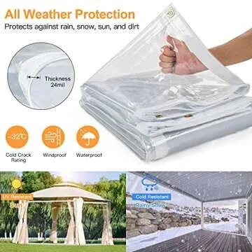 10 x 10FT Outdoor Clear Tarp Curtain Waterproof Wind-Proof 24 Mil Transparent Vinyl Tarp for Patio Pergola Garden Canopy Rainproof Anti-Tear PVC Thick Cover with Grommets