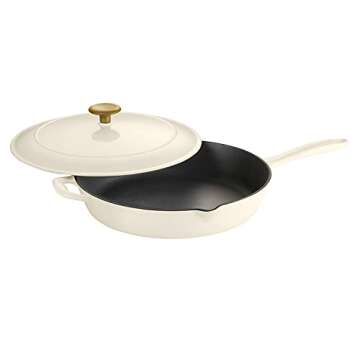 Tramontina Enameled Cast Iron Skillet with Lid, 12-inch Frying Pan, Latte with Gold Knob