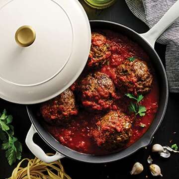 Tramontina Enameled Cast Iron Skillet with Lid, 12-inch Frying Pan, Latte with Gold Knob