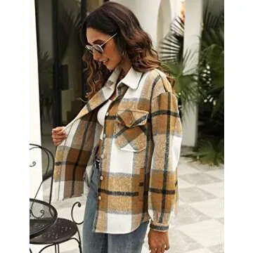 UANEO Womens Plaid Shacket Button Down Wool Blend Fall Flannel Shirt Jacket (Khaki-XS)