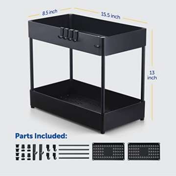 Space-Saving 2-Tier Under Sink Organizer and Storage with 6 Strong Hooks, Easy-Assemble, Under Cabin...