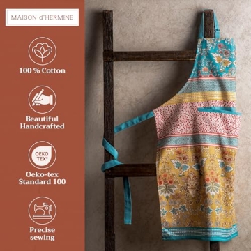 Maison d' Hermine 100% Cotton Apron with Adjustable Neck Strap and Pockets for Cooking and Gardening