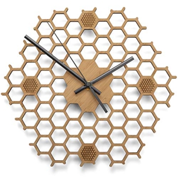 BU Products - Honeycomb Inspired Wooden Wall Clock with Non Ticking Silent Sweep, Unique and Contemp...