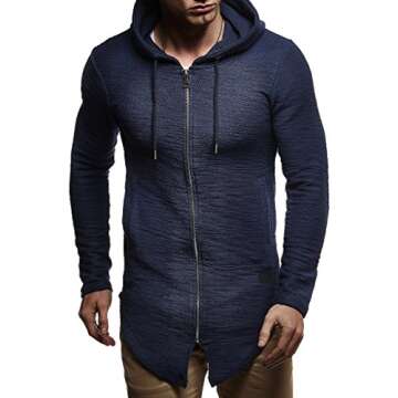 Leif Nelson Men's Oversized Hooded Long Jacket | Modern Stylish Longsleeve Full Zip Hoodie Sweatshirt | Blue | 2XL-Size